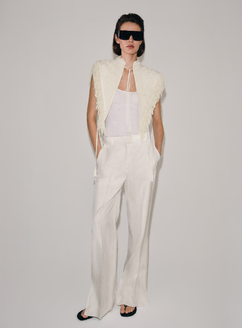 Carlotta Fringe Cape — full-length studio look